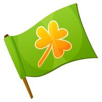 Waving flag of green color with the image of a golden shamrock, on a white background. Attribute of the holiday St. Patrick's Day for the design of postcards, booklets on holidays in Ireland. vector