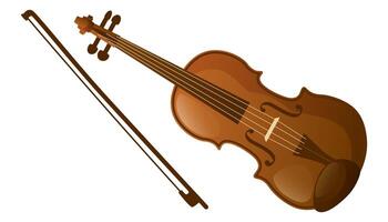 Wooden violin with bow on white background. Classical musical instrument with strings. Antique violin for orchestra at classical music concert. Bowed instrument. vector