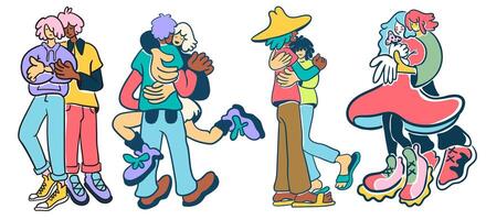 set of romantic couples standing and hugs in doodle style in color vector