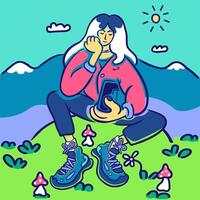 character sit in doodle style with mountain background in color vector