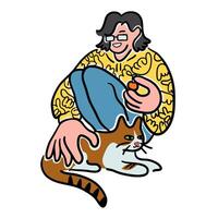 female sit with cat in doodle style in color vector