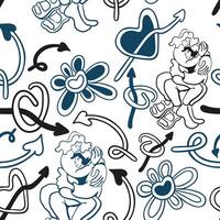 seamless pattern with couple and hearts in doodle style vector