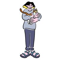 female standing with cat in doodle style in color vector