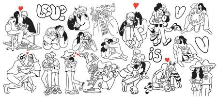 big set of romantic couples with hearts in doodle style vector