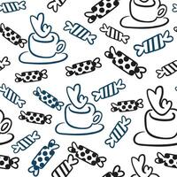 seamless pattern with candy and cup of hot drink in doodle style vector