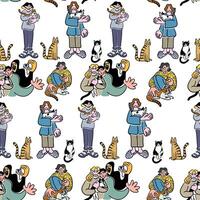 seamless pattern with people and cats vector