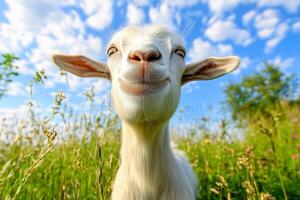 a goat is looking at the camera in a field photo