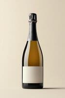 A minimalist composition of an unopened champagne bottle with a simple white label, set against a neutral background photo