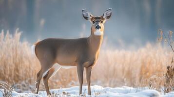 A deer stands in the snow in front of a field photo