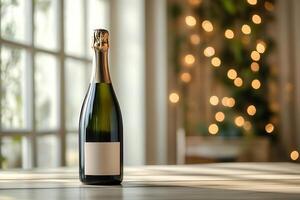 a bottle of champagne on a table in front of a window photo