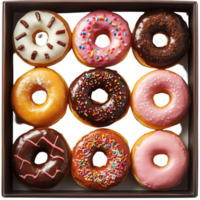 Assorted Doughnuts with Sprinkles and Chocolate Glaze in a Box png