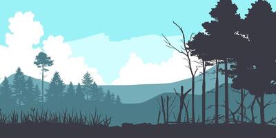 Silhouettes of a trees forest and mountain. natural isolated on blue background. vector