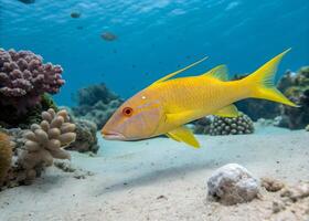 A yellow goatfish with whisker-like barbels exploring the sandy bottom near coral formations photo