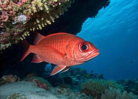 A bright red squirrelfish with big, reflective eyes swimming under a coral ledge photo