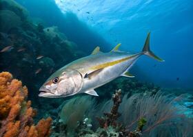 A powerful amberjack with silver scales and a golden stripe swimming near a deep reef edge photo