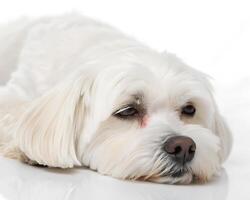 Maltese, It's getting sleepy. isolated on a white background photo