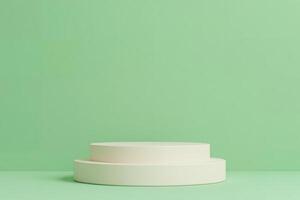 a two-tiered white podium against a solid green background. The podium is a simple, minimalist design with clean lines and no decorations photo