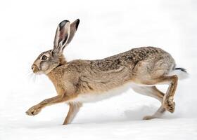 A jackrabbit bounding forward with its long ears and strong legs extended, showcasing agility on a snow backdrop photo