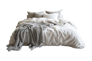 Cozy bed with soft pillow and warm blanket isolated png