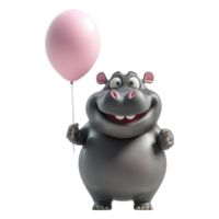 Happy hippo holding pink balloon fun setting animation png