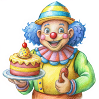 Cheerful clown presenting a cake at a party png