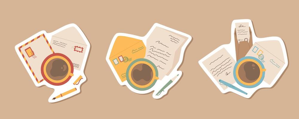 Cartoon top view craft letter composition sticker, flat handwritten mail at the table with coffee and pen label pack, creative greeting postcard design collection, handmade post card illustration,
