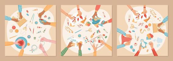 Cartoon handicraft DIY hobby workshop banner, top view colorful hands make pottery art class concept, children handmade painting activity background, creative craftwork group illustration, vector