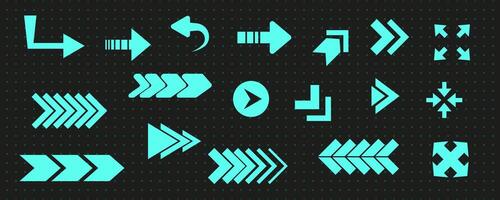 Modern techno groovy arrow element set, geometric trendy rave direction decoration design, futuristic psychedelic y2k forward graphic, retro blue neon icon collection, space trippy 90s sign aesthetic vector