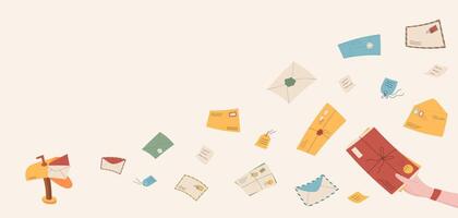 Creative greeting post card and letter background, flat handwritten mail fling out mailbox illustration, cartoon hand holds craft envelope design template, trendy style sending paper letter concept. vector