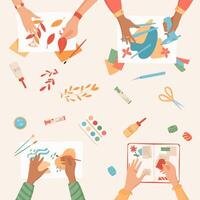 Flat handmade craftwork art class background, creative handcraft top view illustration, hands create handicraft hobby activity collection, colorful children craft work social media banner concept. vector