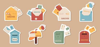 Flat style handmade mailbox with envelopes subscribe sticker pack, cartoon craft mail flying from postboxes subscription invitation template, creative paper post card and handwritten envelope design, vector