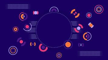 Abstract geometric background with colorful circles, arcs, and dotted patterns on a deep violet backdrop. Modern, vibrant, and dynamic design, ideal for technology, digital art, and creative projects vector
