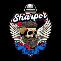 Retro Barbershop Skull Head with Barber's Pole and Wings elements Logotype Badge Illustration vector