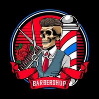 Retro Barbershop Beard Hipster Skull with Scissor, Comb and Barber's Pole Elements Logotype Badge Illustration vector