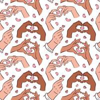 A continuous design featuring hand gestures symbolizing love, particularly the finger heart. illustration is crafted in a sketch style, ideal for wallpapers, textiles, wrapping, background vector