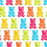 vibrant seamless pattern features rainbow-colored jelly bears arranged diagonally. The playful design showcases a mix of cheerful hues, creating a fun and lively aesthetic perfect for festive decor. vector