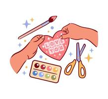 Create a heartfelt DIY Valentines Day card with vibrant paints, brushes, and scissors. This handmade illustration captures the essence of scrapbooking, showcasing love and creativity in every detail. vector
