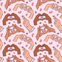 Seamless pattern for Valentines Day hand gestures. Finger Heart. gesture depicting love. illustration in sketch style. For wallpaper, textile, wrapping, background. vector