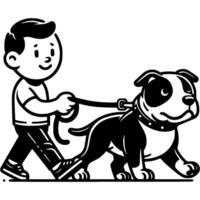 Boy walks with fighting dog pitbull on leash in monochrome. Simple minimalistic image in black ink drawing on white background vector