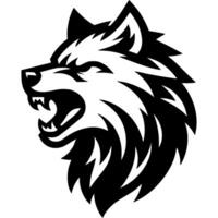 Tattoo of angry growling wolf side view head in monochrome. Wild wolf in madness. Engraving minimalistic image in black ink drawing on white background vector