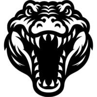 Tattoo of angry roaring crocodile front view head in monochrome. Wild alligator in madness. Engraving minimalistic image in black ink drawing on white background vector