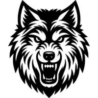 Tattoo of angry growling werewolf head in monochrome. Wild wolf in madness. Engraving minimalistic image in black ink drawing on white background vector