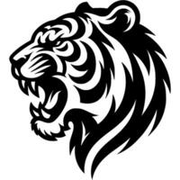 Tattoo of angry tiger with fangs growls side view head in monochrome. Wild tiger in madness. Engraving minimalistic image in black ink drawing on white background vector
