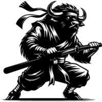 Ninja master buffalo in katana sword attacking position in monochrome. Bull fighter of secret clan animal roars. Tattoo minimalistic image in black ink drawing on white background vector