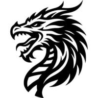 Tattoo of roaring dragon side view head in monochrome. Wild dragon in madness. Engraving minimalistic image in black ink drawing on white background vector