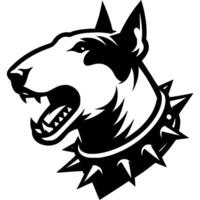 Tattoo of angry roaring Bull terrier dog head in monochrome. Bull terrier in madness side view. Engraving minimalistic image in black ink drawing on white background vector
