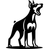 Tattoo of angry roaring Doberman dog in monochrome. Doberman dog full size in defense of territory. Engraving minimalistic image in black ink drawing on white background vector