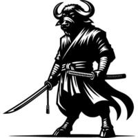 Ninja fighter ox armed with katana sword in fighting stance in monochrome. Wild bovine animal warrior. Tattoo minimalistic image in black ink drawing on white background vector