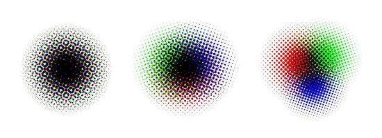 Halftone round background set. RGB color dotted half tone shapes. Grunge ink press splash stains and blots. RGB textured pixelated circle gradient collection. Print production glitch. vector