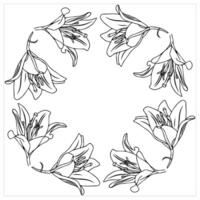 Frame with lily flowers arranged in a circle. Doodle style. vector